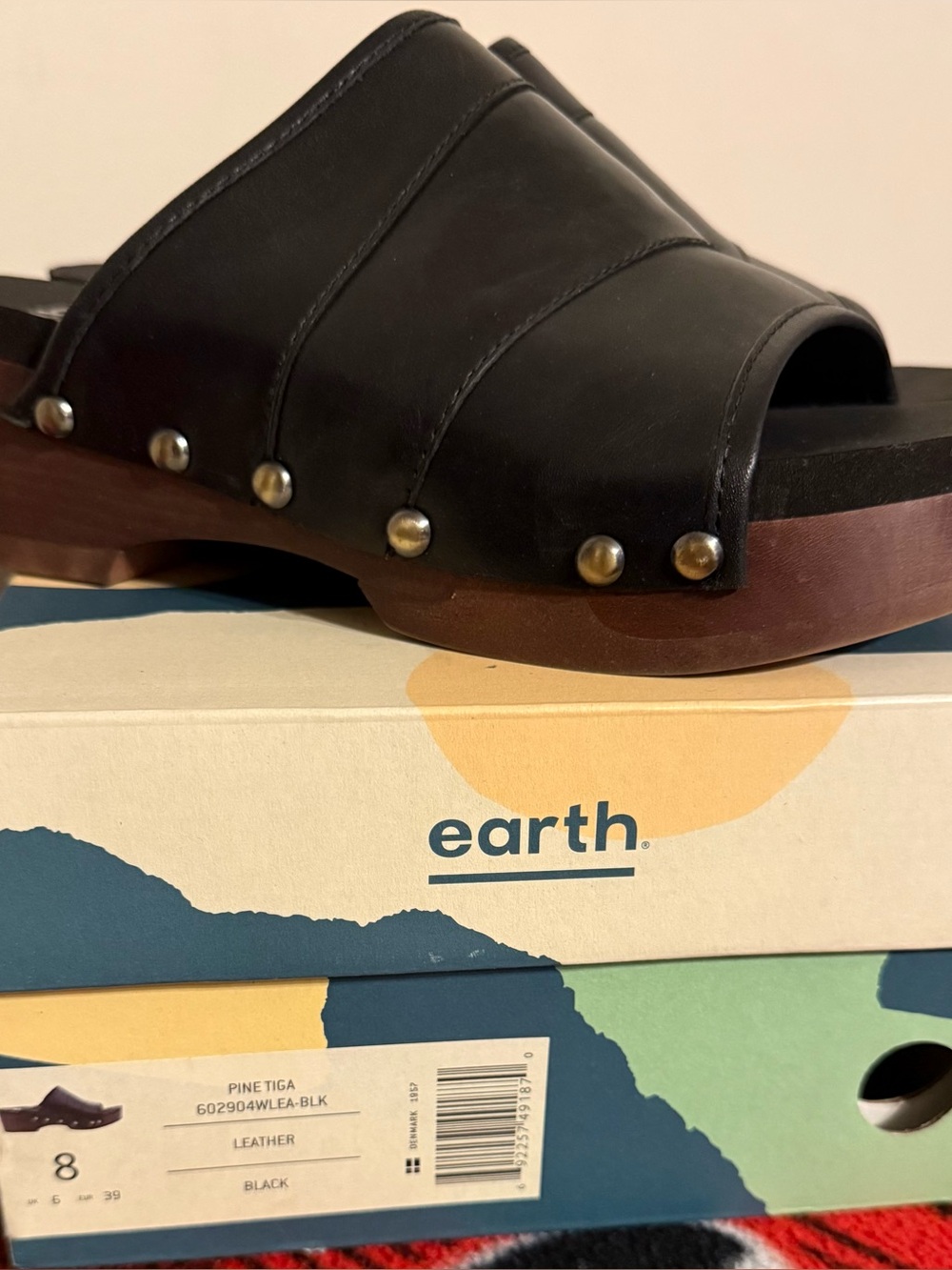 Earth Black Leather Studded Open-Toe Clog